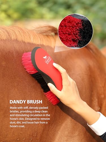 Harrison Howard Horse Grooming Brushes Kit 7 pieces with Organizer Tote Equine Care Series Horse Brush Sets Red - color: Red