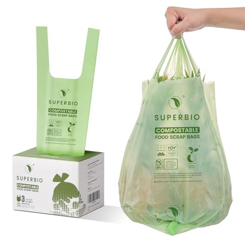 SUPERBIO 3 Gallon Compostable Food Waste Bags, 80 Count | Food Scrap Bags with Handles, ASTM D6400, BPI and OK compost HOME - color: 3 Gallon with Handles, 80 Count
