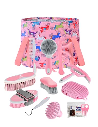 Harrison Howard Complete Horse Grooming Set, 11-Piece Advanced Daily Grooming Tools with Extra Brushes for Full Horse Care Pink Brushstroke Ponies - color: Pink