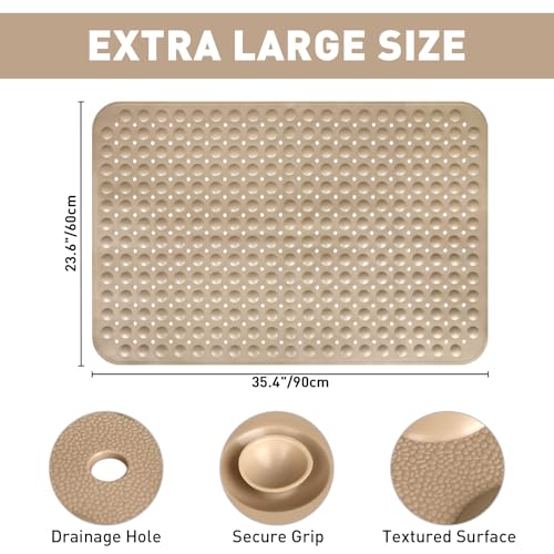 Shower Mat Non Slip: 35.4 x 23.6 Inch Extra Large TPE Shower Mats for Inside Shower - Anti Slip Shower Stall Matt with Drain Hole and Suction Cups for Elderly - color: Khaki, size: 35.4" x 23.6" (Rectangular)