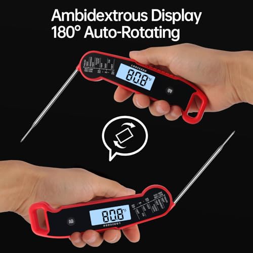 Lonicera Instant-Read Meat Thermometer, 1-Second, IP67 Waterproof, Red | Thermocouple sensor delivers readings in 1 second with ±0.9°F accuracy, plus IP67 waterproofing, auto-rotate and wake - color: RED