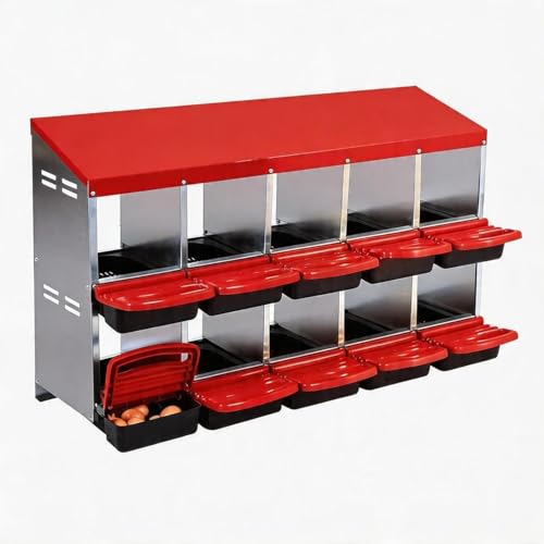 10-Compartment Chicken Nesting Box, Heavy Duty Galvanized Steel Poultry Nest Box, Wall Mount/Freestanding Design for Hens, Ducks, Backyard Homesteads & Farm Use, Red, No Stand - color: Red, size: 10 Room