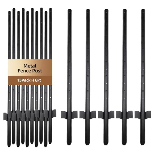 Metal Fence Post 6FT, 15 Pack Heavy Duty T Posts for Garden | Heavy Duty Steel / Black Coating / Rust Resistant / Garden Wire Fence Support / Trellis / No-Dig U Post - size: 6FT 15PCS