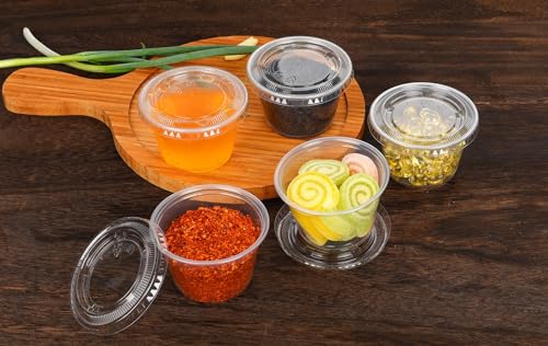 [4 OZ, 100 Sets] Clear Disposable Plastic Portion Cups with Leakproof Lids for Condiment and Dipping Sauce | Jello Shot/Souffle Cups| BPA Free | Recyclable - style: 4 OZ