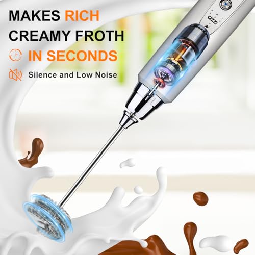 YUSWKO Handheld Milk Frother Wand for Coffee, Rechargeable Electric Whisk with 3 Heads 3 Speeds Drink Mixer Coffee Frother For Latte, Cappuccino, Hot Chocolate, Egg, Silver