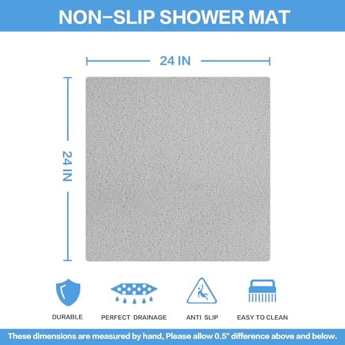 Square Non-Slip Shower Mat 24x24 Inches, Quick-Draining Bath Mat for Shower Floor, PVC Loofah Textured Shower Stall Mat, Secure Anti-Slip Bathroom Mat, Boho Style Bath Mat (Gray) - color: Grey