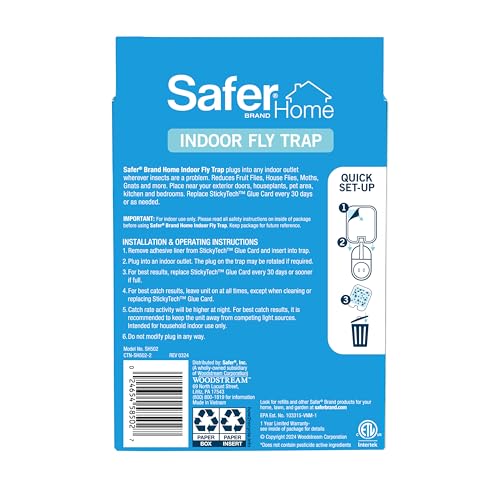 Safer Home Flying Insect Trap, Plug-In Fruit Fly Trap for Indoors, 1-Pack | Flying Insect, Moth, & Gnat Trap, Fruit Fly Killer, Fly Catcher, 24/7 Catch, Chemical-Free, 1 Trap + 2 Glue Cards, SH502 - size: 1 Trap + 2 Glue Cards