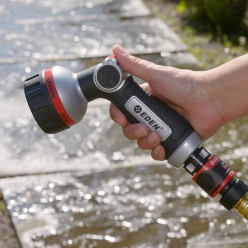Eden 94814 Metal Thumb Control Heavy Duty Garden Hose Nozzle, Water Sprayer Nozzle with 6 Adjustable Watering Patterns, W/Quick Connect Starter Set for Plants, Lawn, Garden - style: Angled Thumb Control