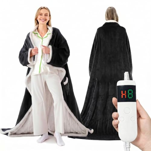 Wearable Heated Blanket With Sleeves & Foot Pocket, Heated Throw Blankets Fast Heating Blanket With 10 Heat Settings Auto Shut Off Over-Heat Protection-Warm Gift, Machine Washable, 52”*72”+18” - color: Black