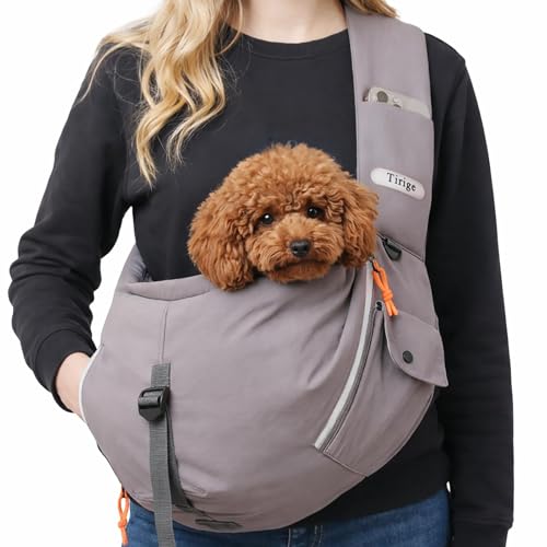Pet Sling Carrier for Small Dogs and Cats, Hands-Free Crossbody Bag with Safety Leash, Multiple Pockets, Gray, 5-15 lb