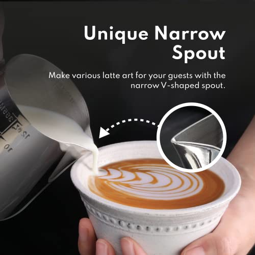 New Star Foodservice 28805 Stainless Steel Frothing Pitcher, 12 oz Espresso Milk Steaming Cup with Measurement Scale, Commercial Grade 18/8 Barista Pitcher for Lattes, Cappuccinos, Coffee, Silver - size: 12 Ounces