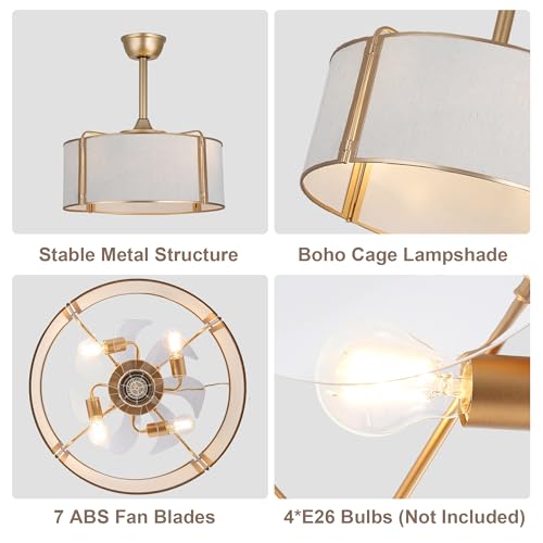 19.2" Gold Fandelier Ceiling Fan with Light Boho Caged Chandelier | for Bedroom Nursery Living Room, Mid-Century Modern Small Enclosed Bladeless, Reversible 6 Speeds, 4 E26 Bulbs (Not Included) - color: Gold Cage