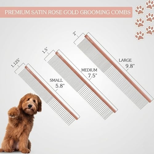Kenchii Premium Satin Rose Gold Dog Grooming Comb, Medium | Polished rounded scratch-resistant teeth, detangles coats and removes mats, finishing and fluffing - size: Medium