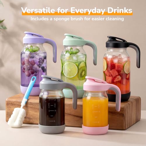 64 oz (2 Qt) Glass Mason Jar Pitcher with Pour Spout Lid & Handle | Airtight Leak-Resistant Flip-Top, Wide Mouth for Ice & Fruit, Non-Slip Silicone Base, Measuring Marks, Fridge Water/Iced Tea - color: Black, size: 64 Ounces