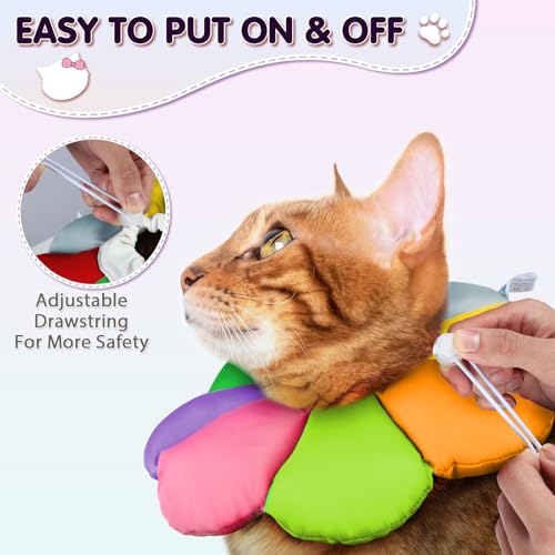 ANWA Waterproof Cat Cone Collar Soft, Cat Donut Collar After Surgery | Wavy Edges for Longer Protection, Waterproof Fabric, Adjustable Drawsting, Rainbow, Small - color: Rainbow, size: Small