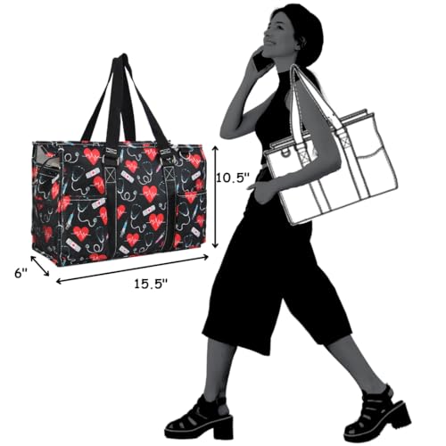 NGIL Utility Water Resistant Tote Bag | Work Tote for Women, Nurse Bag, Teacher's Choice Purse, Gym Bag, Everyday Organizer Top Zipper Closure - color: Cure With Love- Black