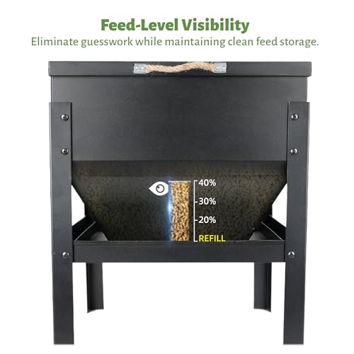 KOL 80LBs Chicken Feeder No-Waste, Galvanized Steel Large Capacity Chicken Feeder, Portable Poultry Feeder with Waterproof Lid for Hens and Roosters, Coops & Outdoors