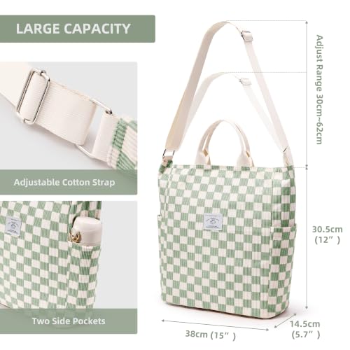 KALIDI Corduroy Tote Bag, Large Slouchy Hobo Messenger Crossbody Bag | Anti Splash Zipper Side Pockets Shoulder Bag Adjustable Strap Lightweight Casual Work Shopping Women - color: Green Checkered