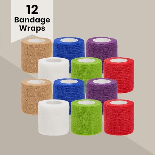 Juvale Stretch Vet Wrap - Self-Adherent Pet First Aid Tape - Secure Ankle Wrap & Wrist Support - Athletic Tape for Sports Use - Pack of 12, 2 in x 6 yd, 6 Colors