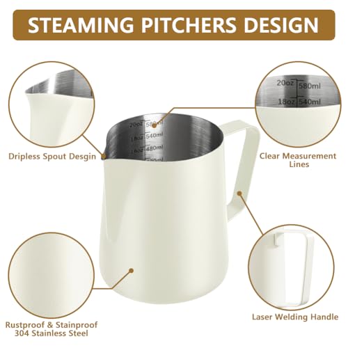 Milk Frothing Pitcher Stainless Milk Cup with Art Pen (White, 600, Milliliters) - color: White