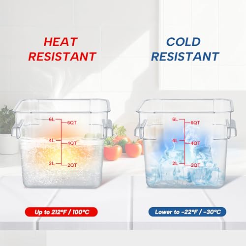 4 Pack 6QT Square Food Storage Containers with Lids | Clear NSF polycarbonate containers with scale, label and measuring cup, stackable for prep, storage, freezer. Dishwasher safe - color: 6Qt