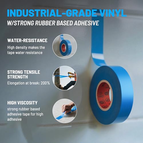 RED WOLF 10 Pack Blue Electrical Tape 3/4 Inch x 66 Ft Industrial Grade UL/CSA Listed 7 Mil Thick Flame Retardant High Temp Waterproof Electrical PVC Tape Electric Super Vinyl Rated 600V - color: Blue