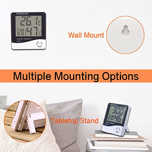 Temperature Humidity Meter,LCD Electronic Digital Outdoor/Indoor Thermometer Hygrometer with Clock Time Humidity Monitor for Home,Bedroom,Pet,Reptile,Plant,Greenhouse,Basement,Guitar (HTC-1)