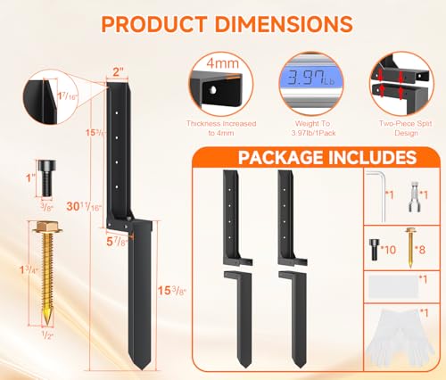 Fence Post Repair Kit, Quick Fix Leaning for 4x4/ 6x6 Wood Posts (2-Pack) | 13-Gauge Thickened Steel, Hot Dip Galvanized, Rustproof, No Dig Drive-in, Heavy Duty Steel Anchor for Yard, Garden