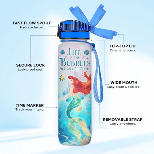 Mermaid 32oz Water Bottle with Time Marker, Cute Fairytale Ocean Design, Refillable Drinking Bottle with Lid Strap, Kawaii Gift for Women Teen Girls - color: Mermaid