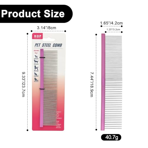 HOP Purple Large Pet Stainless Steel Comb for Dogs&Cats 7.44in/18.9cm | 2-in-1 Fine&Wide Tooth,Dematting Com for Dogs&Cats,Flea Comb,Pet Grooming Tool,Remove Loose Hair Knots Tangles Dirt