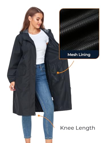 SaphiRose Women's Lightweight Packable Waterproof Long Rain Jacket | Raincoat, rain coat, windbreaker, with hood, knee-length, pack in bag, mesh lining, outdoor, camping, travel, walking dog - color: Black, size: Small