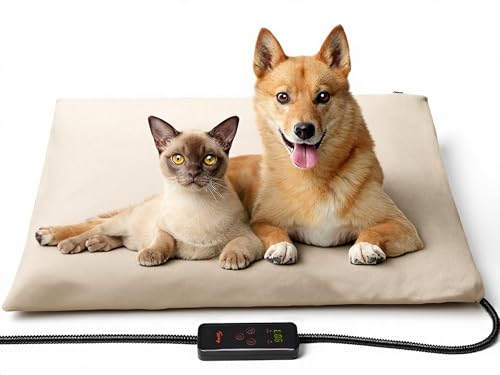 Toozey Pet Heating Pad, Beige, Large, Heated Mat for Cats and Dogs | Beige, Large, 6 Heat Settings, 2-24H Timer, Waterproof, Chew-Resistant Cord, Washable Cover - color: Beige, size: 35.0"L x 24.0"W x 0.6"Th
