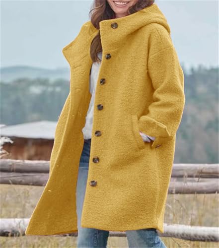 chouyatou Women's Winter Single Breasted Long Wool Coat with Hood Casual Wool Blend Trench Coat Jacket - color: Yellow, size: XX-Large