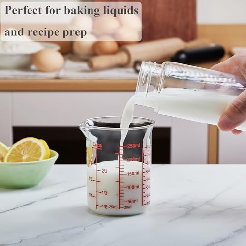 Ackers Borosilicate Glass Measuring Cup with Spout, 250 ml, 8 oz/1 Cup | Handle-free beaker shape with printed cup, oz and ml scales for cooking, baking and small-batch drink preparation - size: 1Cup,250ML