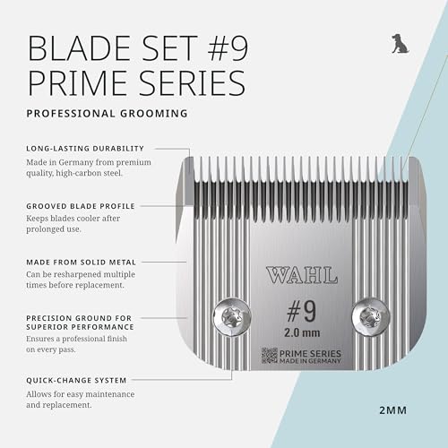 Wahl Pro Animal Prime Series Blades - Professional Fine Tooth Pet Clipper for Horse, Cat & Dog Grooming - Made from High-Carbon Steel - #9, 2.0mm | Solid High-Carbon Steel, Quick-Change System for Dog, Cat, and Horse Grooming - size: #9