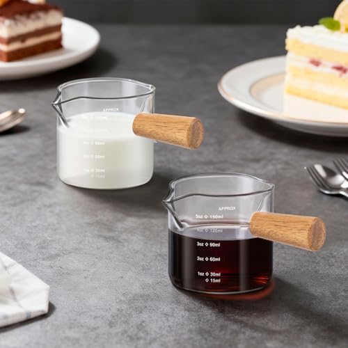 Espresso Shot Glass, 5OZ/150ML Dual Scale Measuring Cup with Wooden Handle, Heat Resistant Espresso Cappuccino Shot Cups with Double V-Shaped Spouts for Coffee Milk Tea Bar Serving
