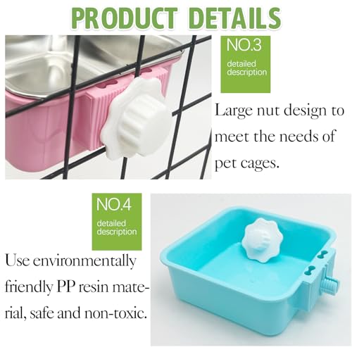 kathson Crate Dog Bowl, Removable Stainless Steel Hanging Pet Kennel Cage Bowl Food & Water Feeder Coop Cup for Puppy, Cat, Rabbit, Guinea Pigs 3pcs Small Square(Blue, Green, and Pink) - color: Square (Blue, Green, Pink), size: 3 PCS