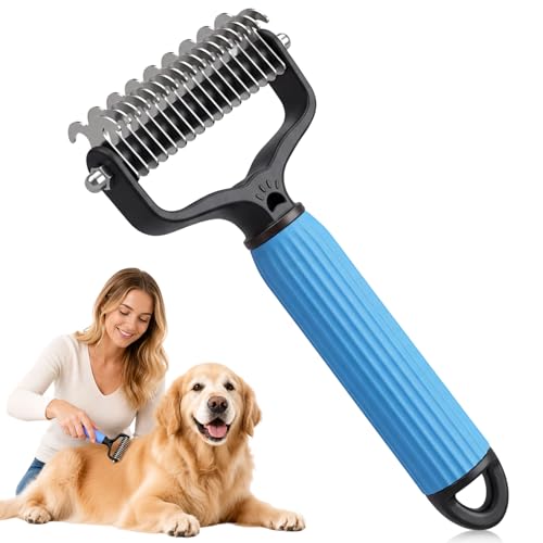 Pet Grooming Brush, Double-Sided Deshedding Dematting Tool for Dogs & Cats, Detangling Tool For Matted Fur, Ideal For Medium Or Long Haired Breeds (Blue) - color: Blue