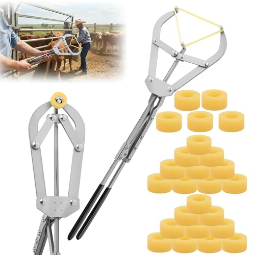 25 Elastrator Bands with Large Stainless Steel Banding Tool Bander Livestock Management Fits Bull,Calves, Goats, Sheep, Easy Application