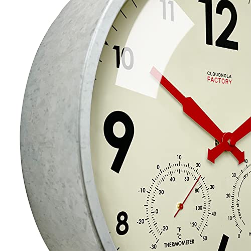 Cloudnola Indoor Outdoor Waterproof Metal Wall Clock with Thermometer and Hygrometer, Zinc Gray, 12 inch Silent Non-Ticking Battery Operated Quality Quartz Round Clock for Patio and Home Decor