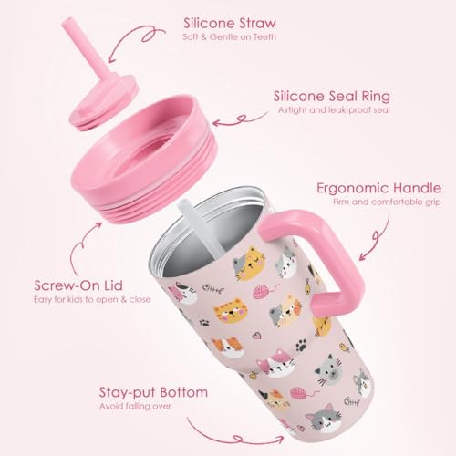 SANDJEST Cat Stainless Steel Tumbler 20oz with Handle and Silicone Straw Locking Lid for Kids Girls, Birthday Christmas Back to School - color: Cat