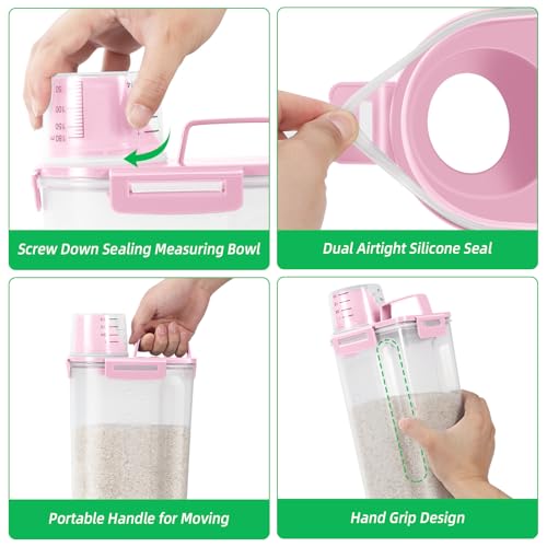 TBMax Rice Container 2 Pack 5 Lbs Cereal Container Storage, Kitchen Pantry Food Storage Holder with Cup, Small Pet Dog Cat Food Container -Pink - color: Pink 3+3Qt