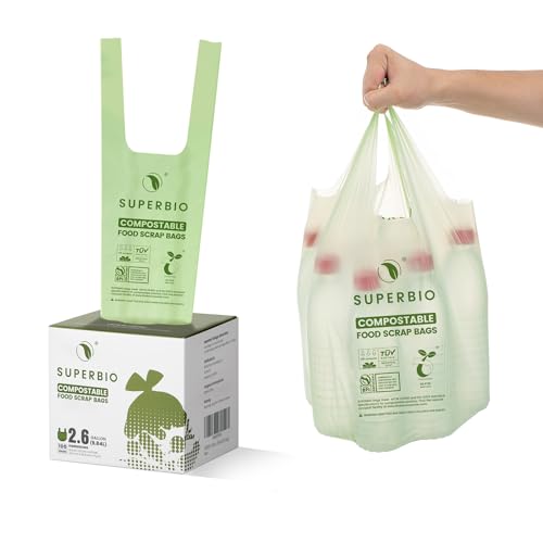 SUPERBIO 2.6 Gallon Compostable Bags with Handles, 100 Count,1 Pack, Food Scrap Bags Certified by BPI and OK compost INDUSTRIAL, 9.84L | Food Scrap Bags, Certified by BPI and OK compost HOME, 9.84L - color: 2.6 Gallon with Handles, 100 Count