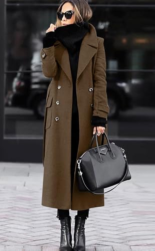 chouyatou Women's Winter Double Breasted Wool Coat Business Casual Long Winter Pea Coat with Belt - color: Brown, size: X-Small