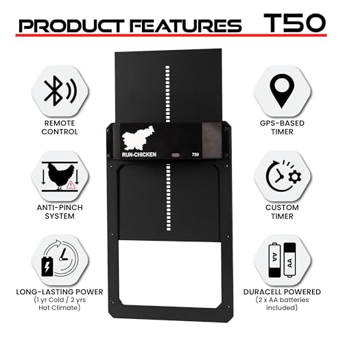 RUN-CHICKEN Door T50 – Automatic Chicken Coop Door Opener, Battery Powered & Weatherproof Aluminum, Smart App & Timer Control, Predator Proof, Easy Install, Reliable All-Season Performance (Onyx)