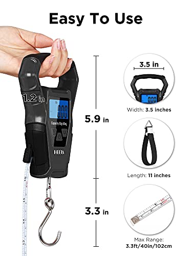 HEETA Waterproof Fish Scale Digital Hanging Fishing Luggage Weight Scale | Up 110lb/50kg Portable Scale with Backlit LCD Display, for Home & Outdoor, Measuring Tape and 2 AAA Batteries Included - color: Black