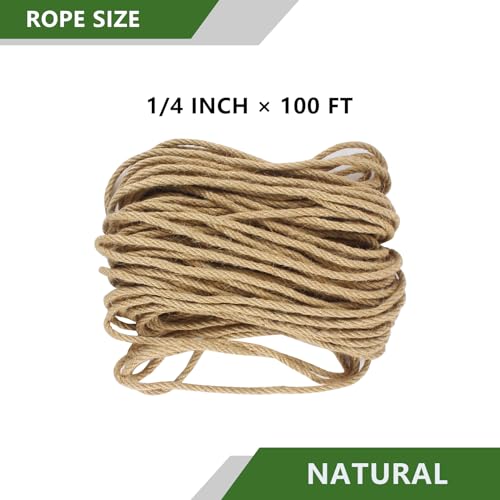 1/4 Inch x 100 Feet Natural Jute Rope, 6.35mm Jute Twine Hemp Rope, Twisted Manila Hemp Ropes for Craft Projects, Gardening, Indoor and Outdoor Use, Home Decorating, DIY - size: 1/4inch x 100feet