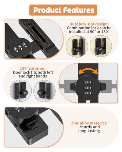 90/180 Degree Keyless Barn Door Lock Latch, Black | 3 Digit Combination Security Latch, Zinc Alloy Mechanical Password Lock for Closet, File Cabinet, Sliding Door, Bedroom - color: Black