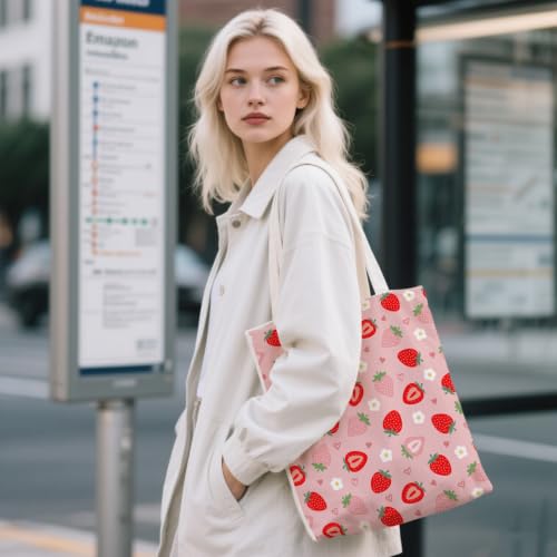 Aesthetic Canvas Tote Bag for Women - with Magnetic Snap Closure & Zipper Inner Pocket Reusable Totes Bag - color: Strawberry1