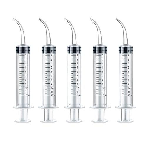 5 Pack Dental Syringe Disposable 12ml Dental Irrigation Syringe with Curved Tip for Oral, Dental Care, Tonsil Stone Squirt, Feed Pet, Liquid Injection, Oil, Glue, With Clear Measurement (C 5 Pack 12ml) - size: C 5 Pack 12ml